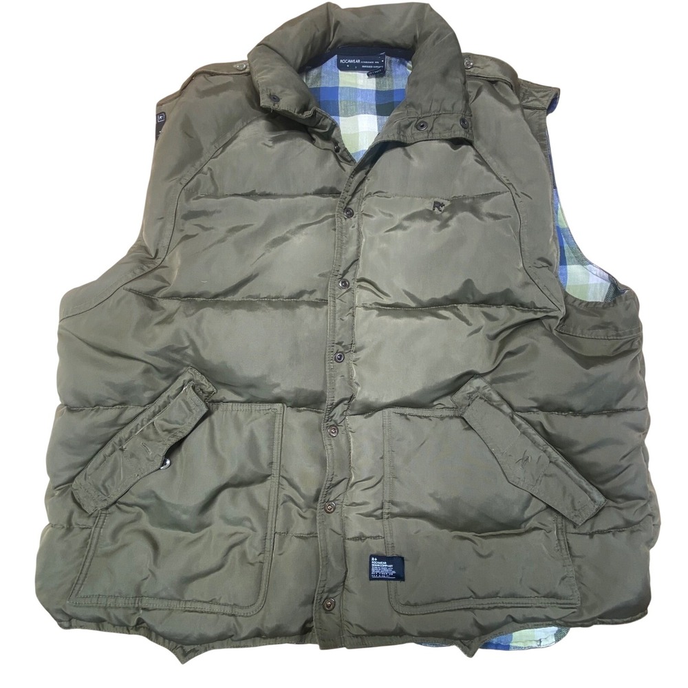 Rocawear Olive Green Puffer Vest 2XL Plaid Flannel Lining Urban Y2K Streetwear